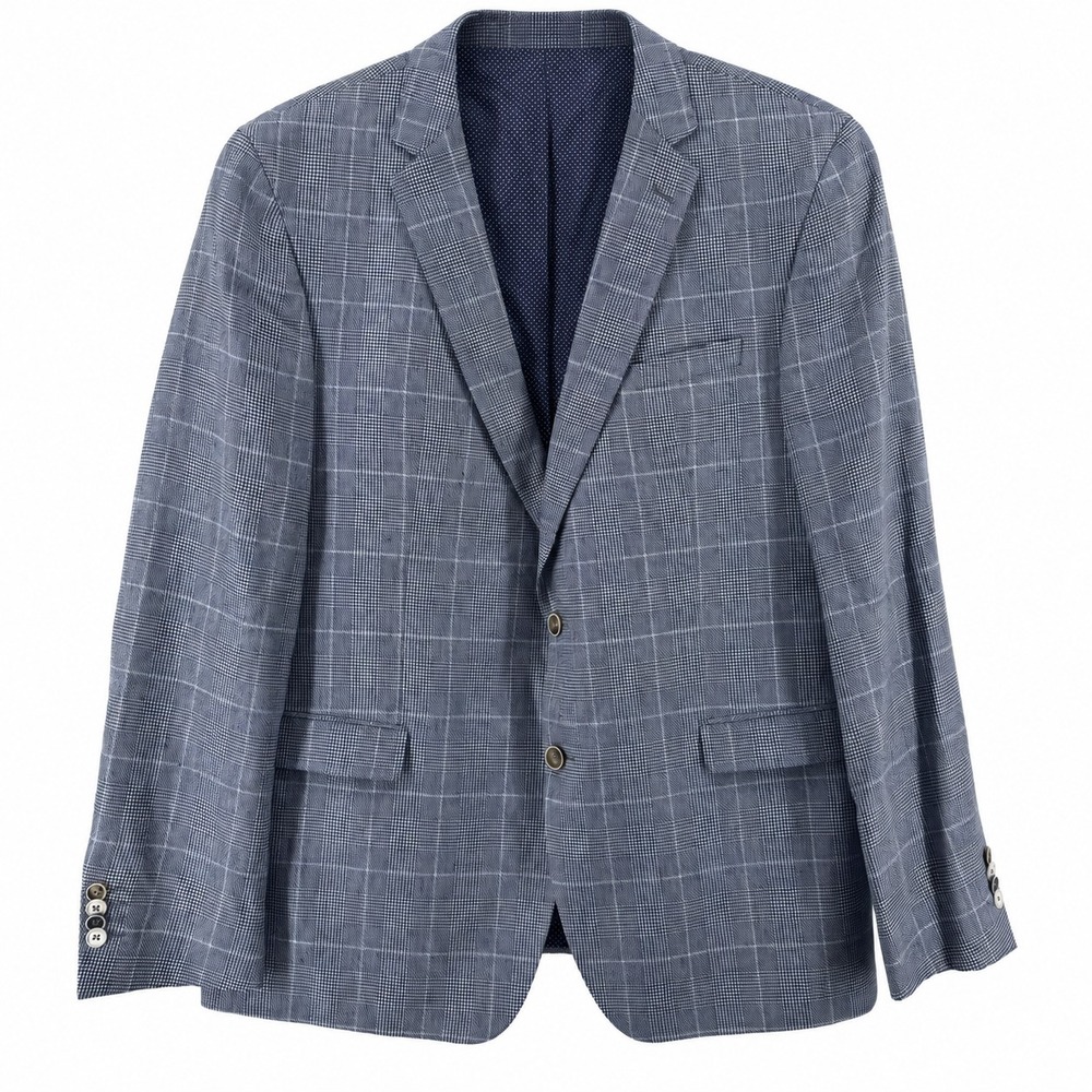 SAND Copenhagen Sport Coat Men 46R Linen Silk Blue Plaid Blazer Summer Wedding